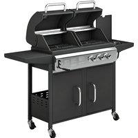 Outsunny 2+1 Burner Hybrid Dual Fuel BBQ Gas Grill, 2-in-1 Propane & Charcoal Barbecue Grill Smoker Combo with Wheels, Black