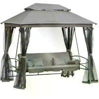 Outsunny 3 Seater Swing Chair Hammock Gazebo Patio Bench Outdoor with Double Tier Canopy, Cushioned Seat, Mesh Sidewalls, Grey Aosom UK