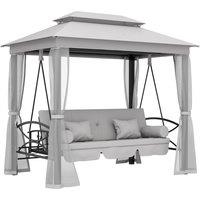 Outsunny 2-in-1 Convertible Swing Chair Bed 3 Seater Hammock Gazebo Patio Bench Cushioned Seat Mesh Curtains - Grey Aosom UK