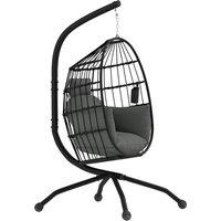 Outsunny Hanging Egg Chair Outdoor Indoor Swing Chair with Folding Basket, Cushion, Stand, Headrest, Cup Holder for Patio, Balcony, Dark Grey