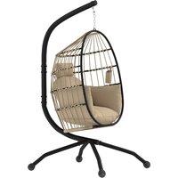 Outsunny Hanging Egg Chair Outdoor Indoor Swing Chair with Folding Basket and Cushion, Stand, Headrest, Cup Holder for Patio, Balcony, Khaki