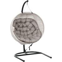 Outsunny Hanging Egg Chair with Folding Basket, Garden Hanging Chair with Stand, Thickened Cushion, Cup Holder for Patio, Balcony, Sand Brown