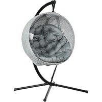 Outsunny Hanging Egg Chair Outdoor Indoor Garden Swing Chair with Folding Basket, Stand, Thickened Cushion, Cup Holder for Patio, Balcony, Grey
