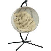 Outsunny Hanging Egg Chair with Folding Basket, Garden Hanging Chair with Stand, Thickened Cushion, Cup Holder for Patio, Balcony, Khaki