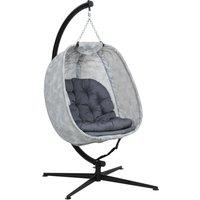Outsunny Hanging Egg Chair with Folding Basket, Garden Hanging Chair with Stand, Thickened Cushion, Cup Holder for Patio, Balcony, Grey