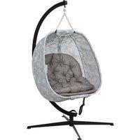 Outsunny Hanging Egg Chair Outdoor Indoor Garden Swing Chair with Folding Basket, Stand, Thickened Cushion for Patio, Balcony, Sand Brown