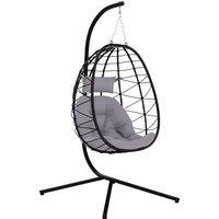 Outsunny Hanging Egg Chair Outdoor Indoor Garden Swing Chair with Folding Basket, Thickened Cushion, Stand, Headrest for Patio, Balcony, Grey