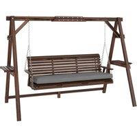 Outsunny 3 Seater Garden Swing Seat, Wooden Swing Chair Bench with Cushion, Side Trays and Metal Chains, for Outdoor Porch Patio, Carbonised Brown