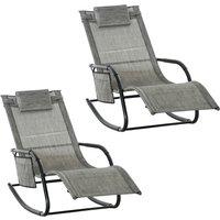 Outsunny 2Pcs Garden Rocking Chair, Patio Sun Lounger Rocker Chair w/ Breathable Mesh Fabric, Removable Headrest Pillow, Side Storage Bag, Dark Grey