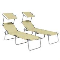 Outsunny Outdoor Foldable Sun Lounger Set of 2, 4 Level Adjustable Backrest, Reclining Chair with Angle Adjust Sun Shade Awning, Beige
