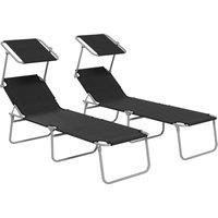 Outsunny Foldable Sun Lounger Set of 2 with Sun Shade & Adjustable Backrest - Black