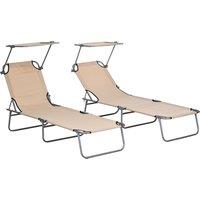 Outsunny Sun Lounger Set of 2, Foldable, 4-Level Adjustable Backrest, Reclining Chair with Sun Shade, for Beach/Garden/Patio, Brown