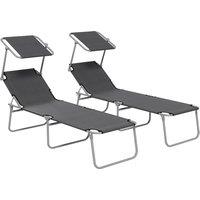 Outsunny Sun Lounger Set of 2, Foldable, 4-Level Adjustable Backrest, Reclining Chair with Sun Shade, for Beach/Garden/Patio, Grey