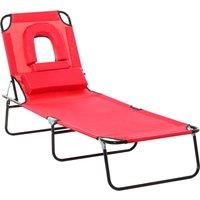 Outsunny Foldable Outdoor Sun Lounger Adjustable Backrest Reclining Chair with Pillow and Reading Hole Garden Beach, Red