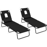 Outsunny Outdoor Foldable Sun Lounger Set of 2, 4 Level Adjustable Backrest Reclining Sun Lounger Chair with Pillow and Reading Hole, Black Aosom UK