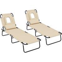 Outsunny Outdoor Foldable Sun Lounger Set of 2, 4 Level Adjustable Backrest Reclining Sun Lounger Chair with Pillow and Reading Hole, Brown Aosom UK