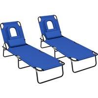 Outsunny Outdoor Foldable Sun Lounger Set of 2, 4 Level Adjustable Backrest Reclining Sun Lounger Chair with Pillow and Reading Hole, Blue Aosom UK
