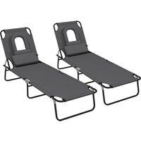 Outsunny Foldable Sun Lounger Set, 2-Pack, 4-Level Backrest, Pillow & Reading Hole, Lightweight for Garden Relaxation, Dark Grey Aosom UK