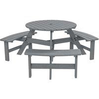 Outsunny 6 Seater Wooden Picnic Table and Bench Set Round Patio Dining Set with 3 Benches and Umbrella Hole Outdoor Garden Park, Grey