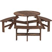 Outsunny Wooden Garden Dining Set, 6 Seater Round Dining Picnic Table with Matching Bench, Garden Furniture Set with Parasol Hole for Outdoor Patio Party and Family Gatherings, Carbonized