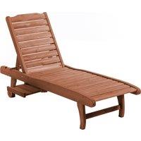 Outsunny Outdoor Wooden Lounger Chair, Sun Bed with Built-In Table, Adjustable Backrest and Wheels, Red Brown