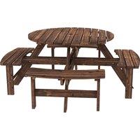 Outsunny Wooden Garden Dining Set, 8 Seater Patio Furniture Set with Round Picnic Table, Parasol Hole for Outdoor Garden, Tan