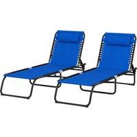 Outsunny 2 Pcs Folding Sun Lounger Beach Chaise Chair Garden Cot Camping Recliner with 4 Position Adjustable Blue Aosom UK