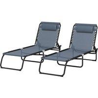 Outsunny 2 Pcs Folding Sun Lounger Beach Chaise Chair Garden Cot Camping Recliner with 4 Position Adjustable Grey