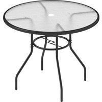 Outsunny 100 cm Round Dining Table with Parasol Hole, Outdoor Coffee End Side Table with Tempered Glass Top, Steel Frame for Garden, Black