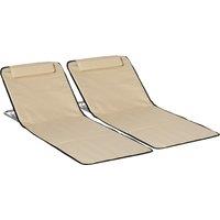 Outsunny Set of 2 Foldable Garden Beach Chair Mat Lightweight Outdoor Sun Lounger Seats Adjustable Back Metal Frame PE Head Pillow, Beige Aosom UK