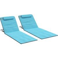 Outsunny Metal Frame PE Fabric 2 Pieces Outdoor Beach Reclining Chair Set w/ Pillow Light Blue Aosom UK