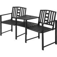 Outsunny Patio Tete-a-tete Chair 2 Seat Bench Middle Coffee Table w/ Umbrella Hole for Outdoors Decorative Slatted Design Steel Frame Black