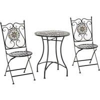 Outsunny 3 Pcs Mosaic Tile Garden Bistro Set Outdoor Seating w/ Table 2 Folding Chairs Set Metal Fra
