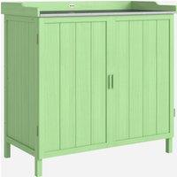 Outsunny Wood Garden Storage Cabinet, Outdoor Tool Shed, Potting Bench Table with galvanised Top and Two Shelves for garden Tools or Pool Accessories, Green