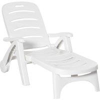 Outsunny Outdoor Folding Plastic Chaise Lounge Chair on Wheels, Patio Sun Lounger Recliner & 5-Position Backrest for Garden, Beach, Pool, White