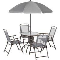 Outsunny 6 Piece Patio Dining Set with Umbrella, 4 Folding Dining Chairs & Round Tempered Glass Table for Backyard and Poolside, Grey Aosom UK