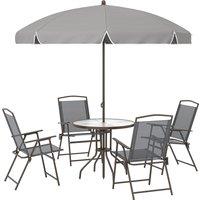 Outsunny 6 Piece Garden Dining Set with Umbrella, Patio Sets with Parasol, 4 Folding Dining Chairs, Dark Grey
