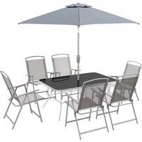 Outsunny Eight-Piece Garden Dining Set, with Chairs, Table and Parasol - Grey