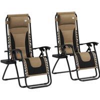 Outsunny Foldable Reclining Garden Chair Set of 2, Zero Gravity Chairs with Padded Seat, Cup Holder, Adjustable Backrest, Pillow, Coffee