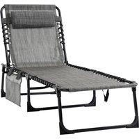 Outsunny Folding Sun Lounger, Portable Reclining Camping Bed with 5-Position Adjustable Backrest, Pillow Included, Mixed Grey