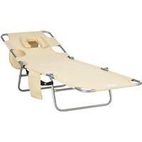 Outsunny Beach Chaise Lounge with Reading Hole, Foldable, Arm Slots, 5-Position Backrest, Side Pocket, Pillow, Beige Aosom UK