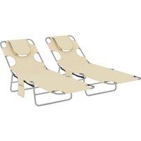 Outsunny 5-Position Adjustable Sun Loungers Set of 2 with Reading Hole and Side Pocket, Beige