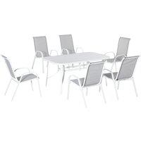 Outsunny 7 Piece Garden Dining Set with Dining Table and Chairs, 6 Seater Outdoor Patio Furniture w/ Parasol Hole for Backyard, Deck and Balcony, Grey