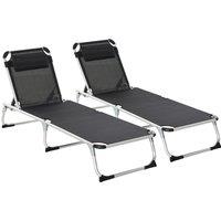 Outsunny Sun Lounger Set, 2 Pieces Foldable Reclining Lounge Chair with Pillow, 5-Level Adjustable, Aluminium Frame, Black. Aosom UK
