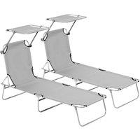 Outsunny Reclining Sun Lounger Set, 2 Foldable Chairs with Canopy, Breathable Mesh Fabric, Adjustable, Light Grey Aosom UK