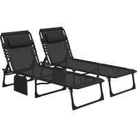 Outsunny Portable Sun Lounger Set of 2, Folding Camping Bed Cot with 5-position Adjustable Backrest, Side Pocket and Pillow, Black