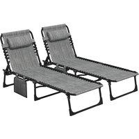 Outsunny Portable Sun Lounger Set of 2, Folding Camping Bed Cot, Reclining Lounge Chair 5-position Adjustable Backrest, Mixed Grey