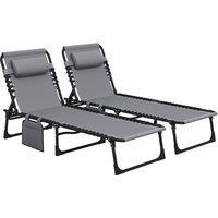 Outsunny Portable Sun Lounger Set of 2, Folding Camping Bed Cot, Reclining Lounge Chair 5-position Adjustable Backrest for Patio Beach, Grey