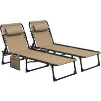 Outsunny Portable Sun Lounger Set of 2, Folding Camping Bed Cot, Reclining Lounge Chair 5-position Adjustable Backrest with Side Pocket Aosom UK