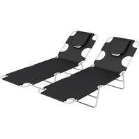 Outsunny Foldable Sun Lounger Set of 2, Beach Chaise Lounges w/ Reading Hole, Arm Slots, 5-Position Adjustable Backrest, Side Pocket Aosom UK